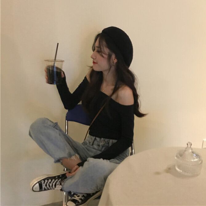 スリムTシャツ ブラックトップス スプリングオータム ロング 春物 秋物 ブラックストロベリース76758472730