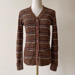 70s USA Striped pattern Knit Cardigan M T275