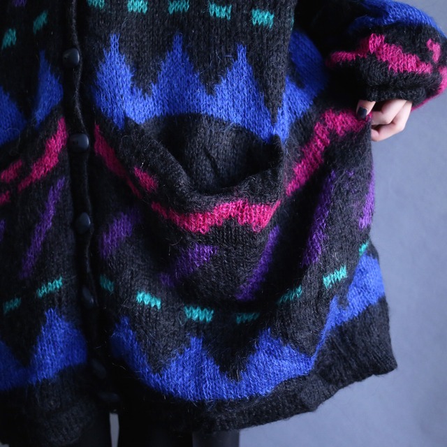 "mohair" psychedelic geometry pattern over size knit jacket coat