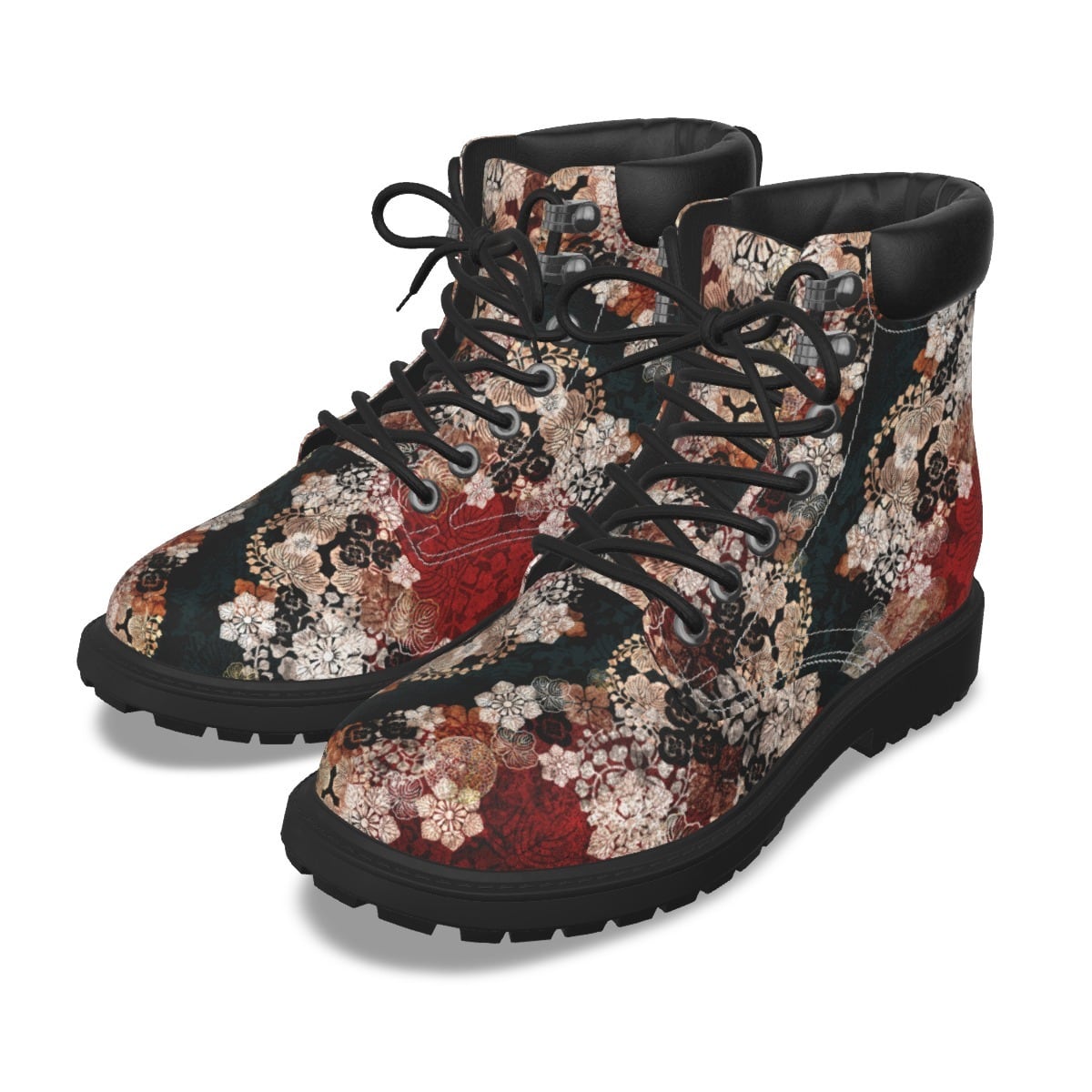 和紋様装飾　深緑　和柄ユニセックスヴィーガンレザーブーツ