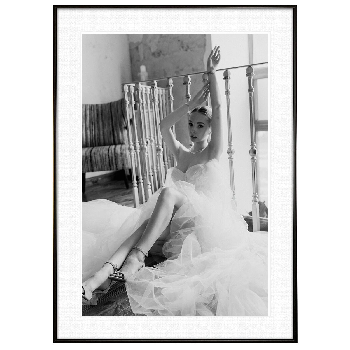 人物写真 ウェディングドレスの女性 インテリアアートフォト モノクロポスター額装 AS4330