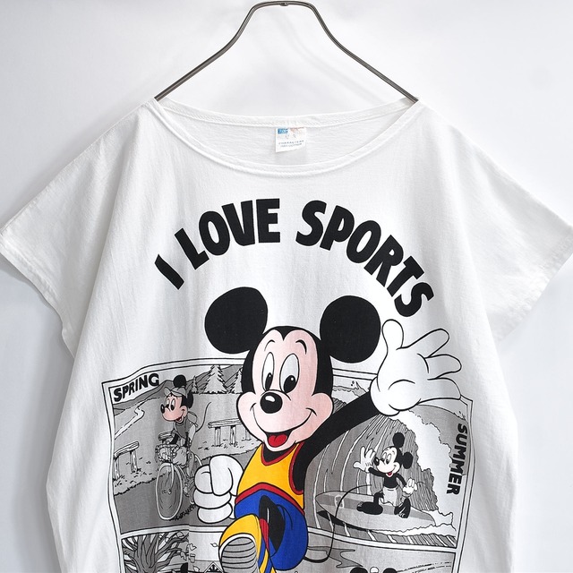 90s Mickey Mouse ノースリーブ Tシャツ リメイク カスタム 裾フリンジ 編み込み ミッキーマウス コミック柄  ホワイト USED ヴィンテージ ビンテージ 古着 メンズL相当