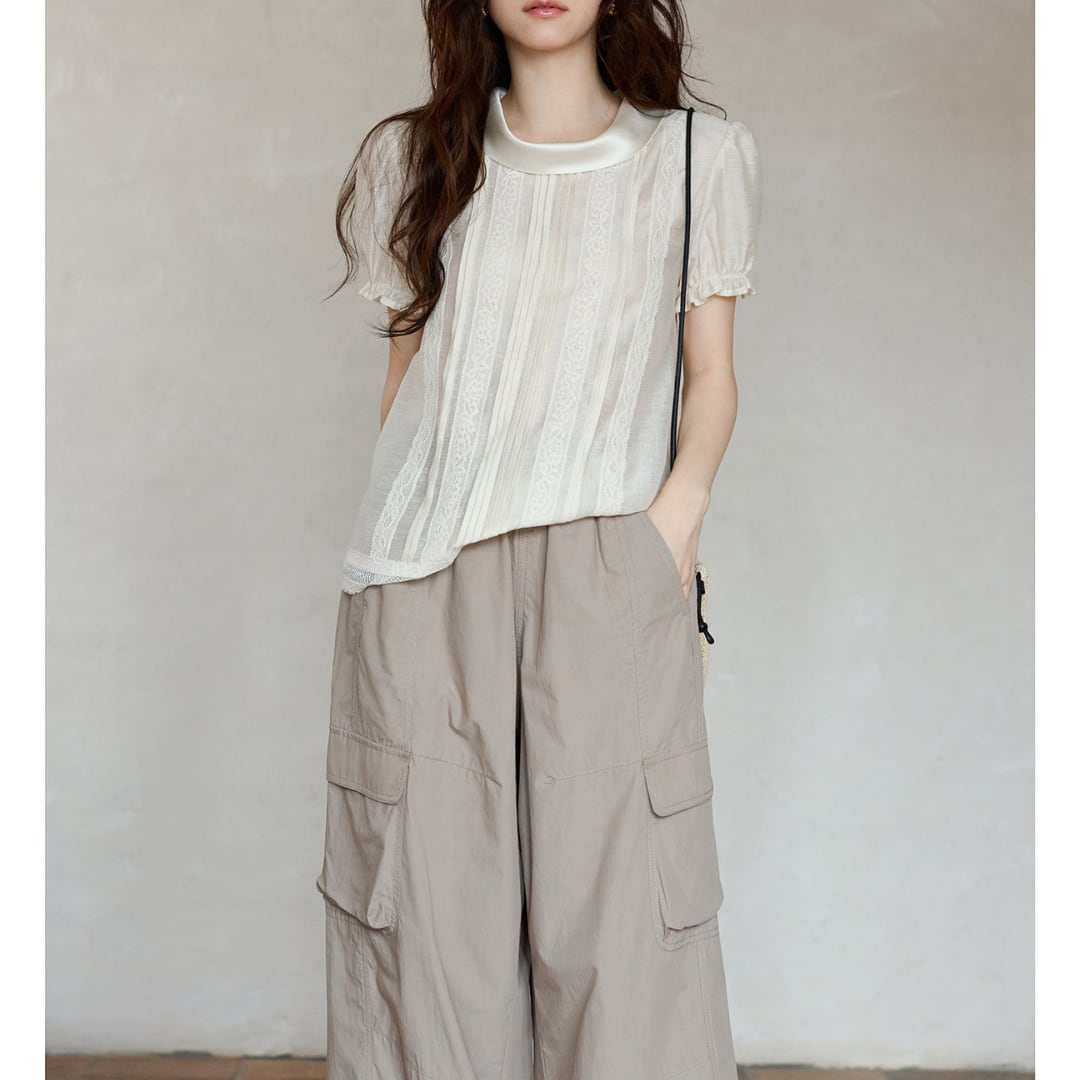 lace pintuck puff sleeve blouse