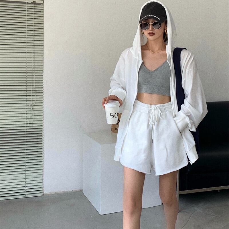 ホワイトカジュアルオータムスタイルフードルーズセーター ジャケット ハイウェストウェストショーツ ロング 秋物 ブルマー ガールズファッション82078882171