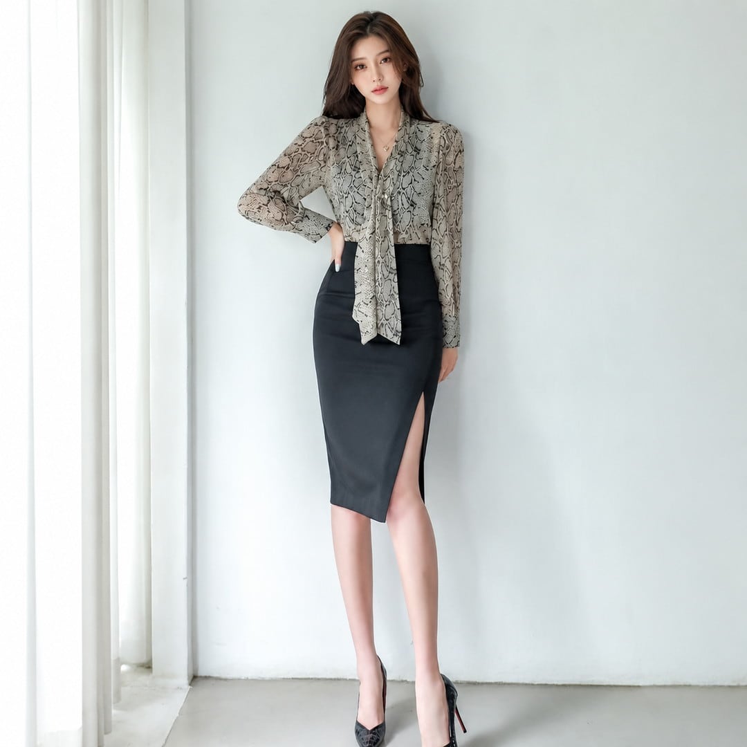 Snake Pattern Blouse Tight Skirt Dress V3428
