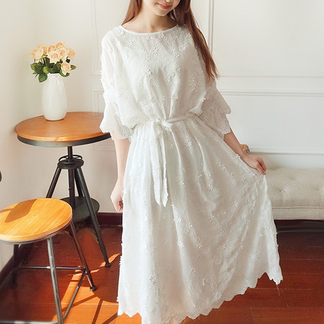 花刺繍 レース 七分袖 ワンピース