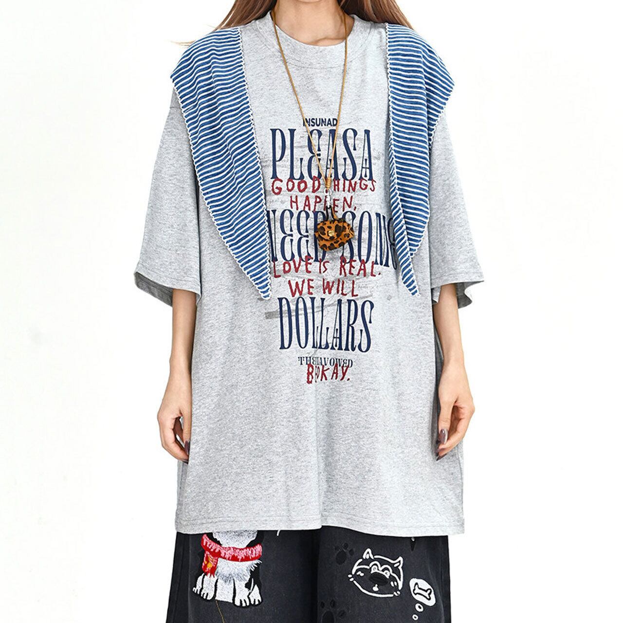 ストライプショルダーフェイクレイヤードグラフィックロングTシャツ 2col R02015