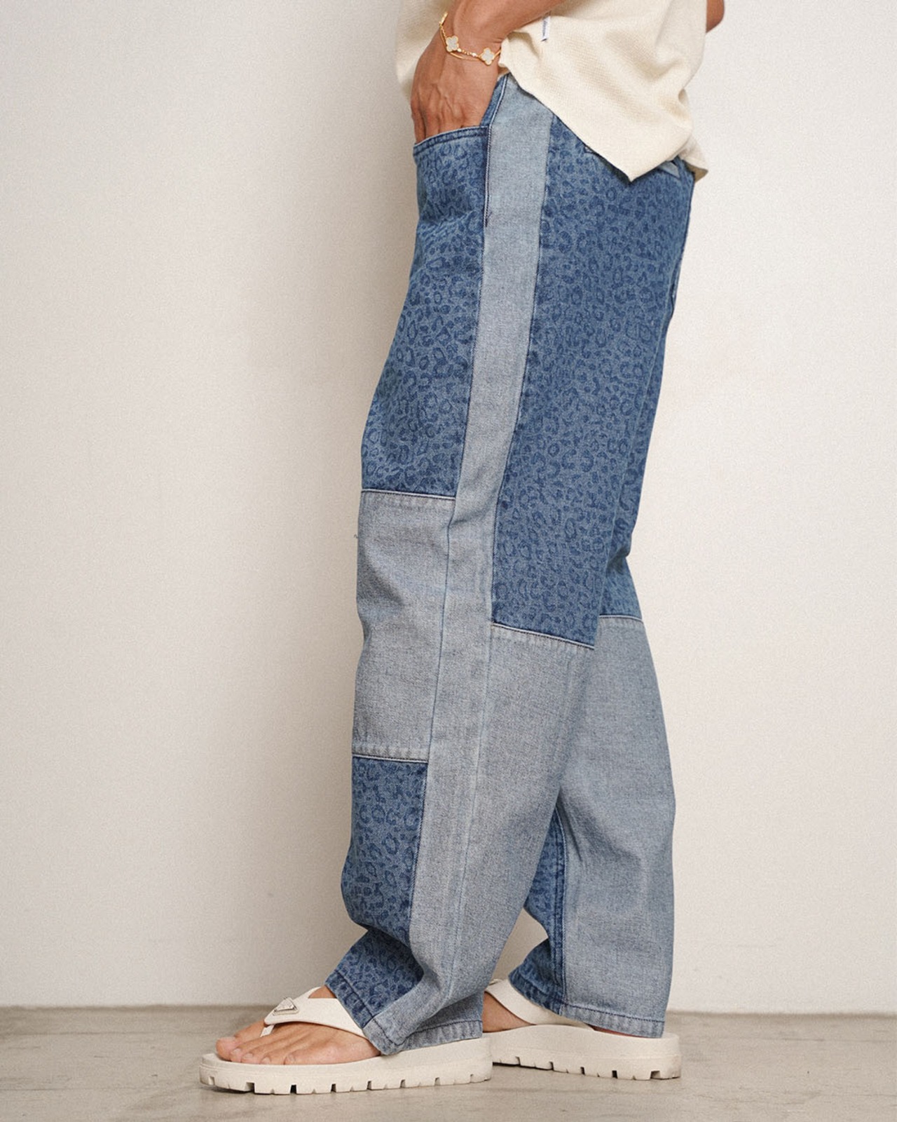 【#Re:room】LEOPARD PANELED WIDE DENIM PANTS［REP323］