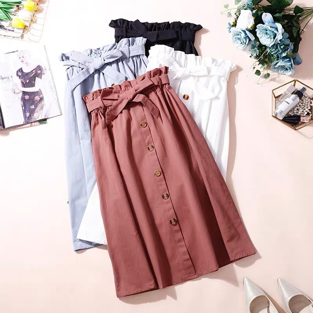 Waist ribbon middle length skirt