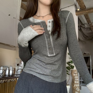 ヘンリーネック Tシャツ 長袖 レディース 春秋 韓国 リブ編み カットソー きれいめ 大人 カジュアル シンプル おしゃれ 伸縮性 バイカラー 大人可愛い 大人女子