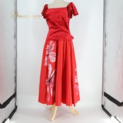 フラダンス 衣装 ALOHA STANDARDS アロハスタンダード ツーピース セットアップ 上下セット レッド系 日本製 ベロア 光沢 ハイビスカス柄 かわいい 華やか 鮮やか 明るい ハワイアン アロハ ハワイアンプリント フラ ダンス レッスン 練習