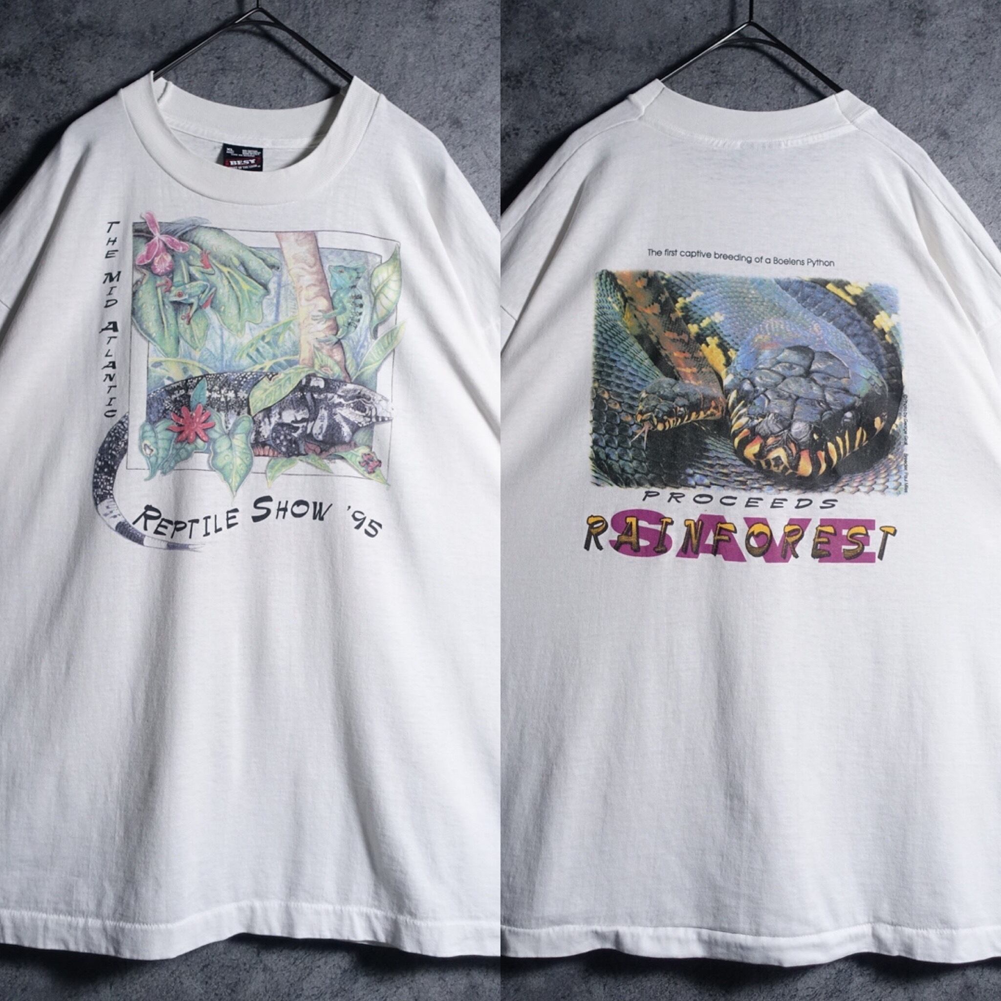 90s “FRUIT OF THE LOOM” White Reptile Double Sided Printed T-shirt
