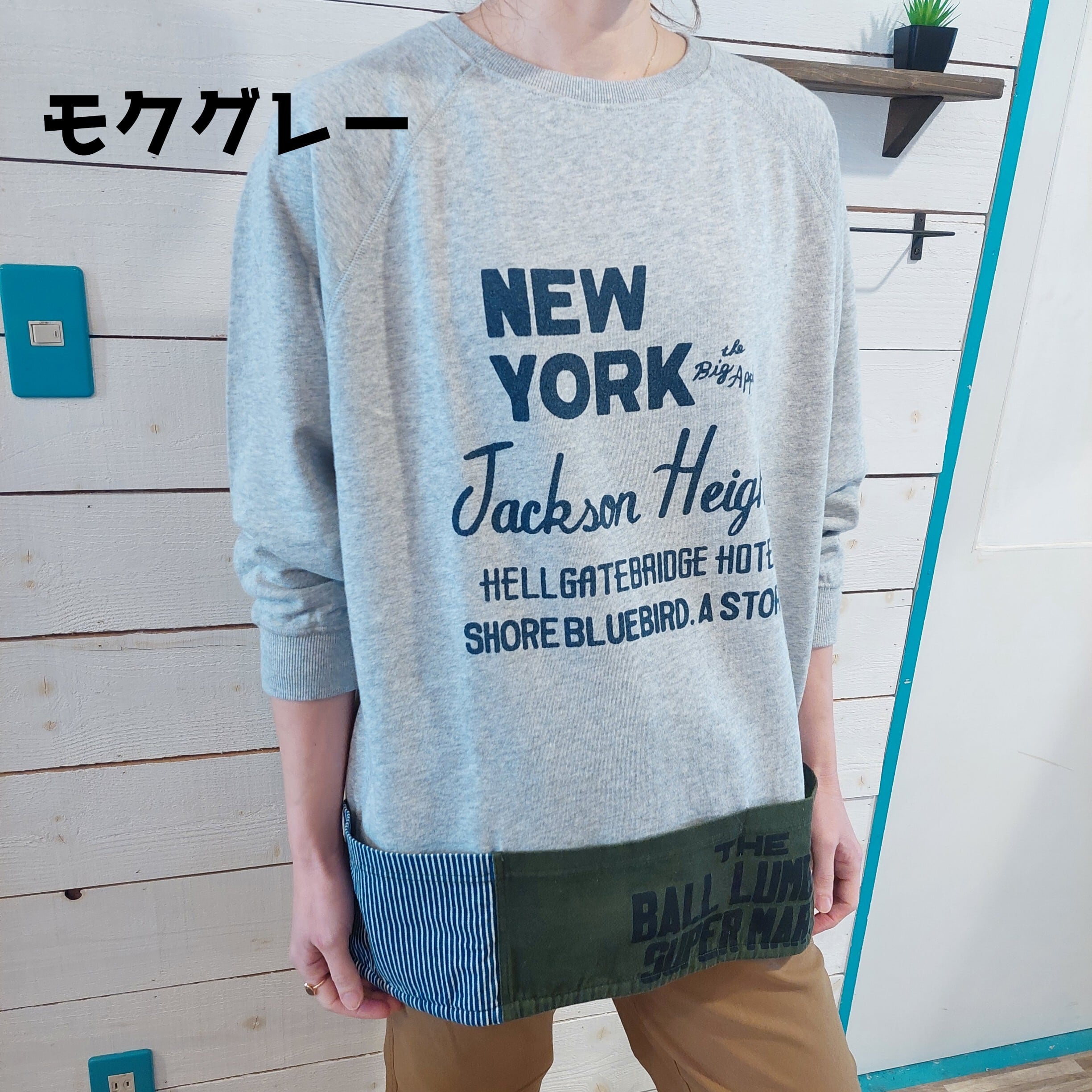 ミニ裏毛インディゴミニ裏毛　裾布帛切替チュニック長袖　2470　フリーサイズ　ロゴ刺繍