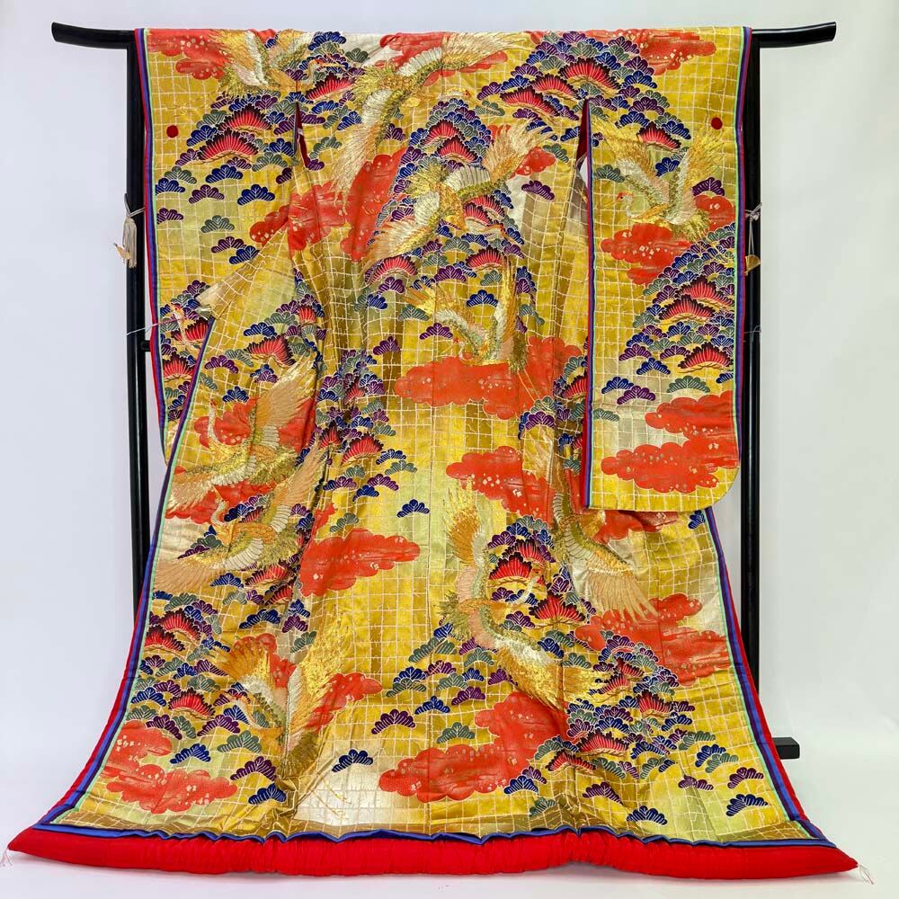 色打掛 正絹 鶴 刺繍 赤 金 打掛 花嫁衣裳 婚礼 リサイクル 中古 ブライダル ウエディング 着物 4925