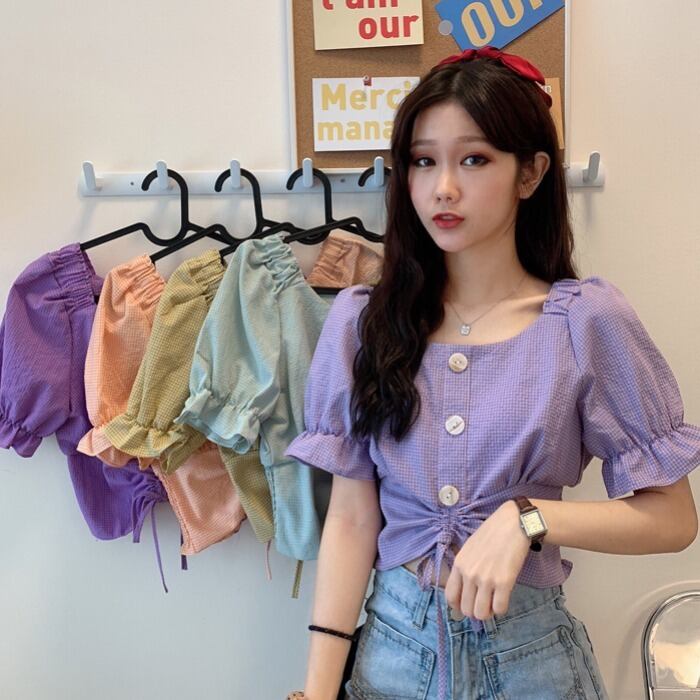 パープルブラウスレディース2020夏新作フレンチスタイルスクエアネックパフスリーブデザインニッチハイウエストショートシャツトレンド 1号婦人14168392945