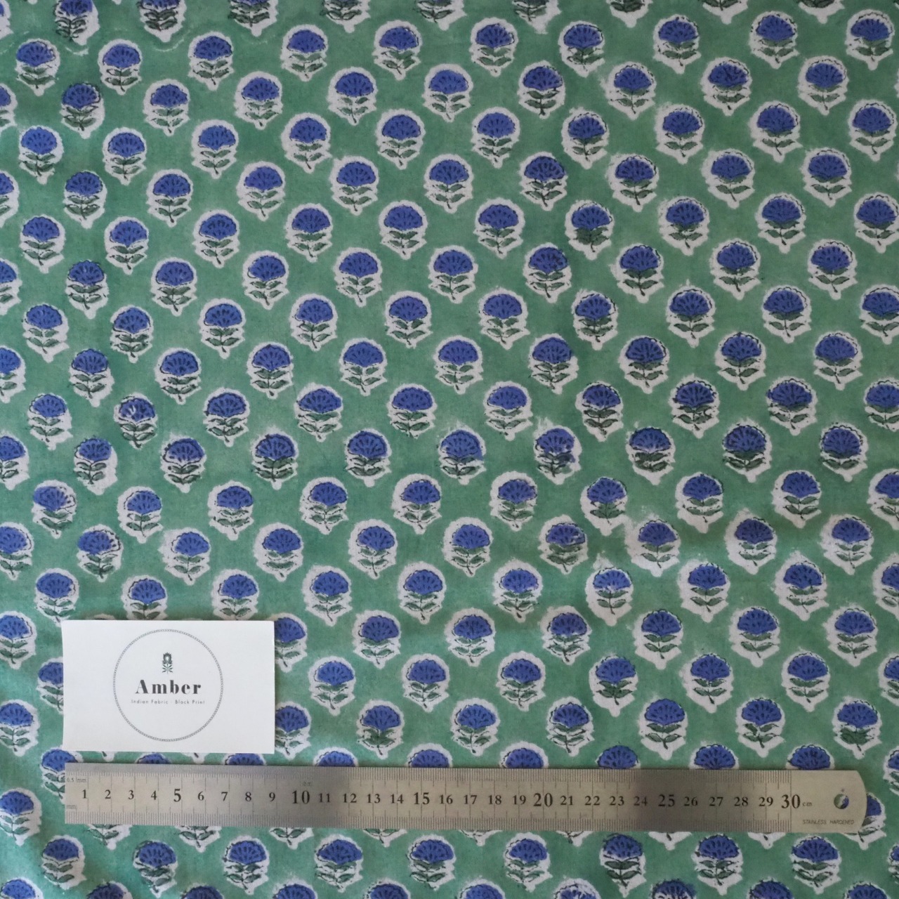 ブロックプリント生地【50cm単位】インド綿  小花柄 グリーン×ブルー #45191-GR2