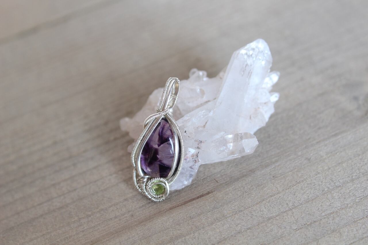 Trapiche amethyst & Facet cut Peridot silver925 wirewrapping pendant