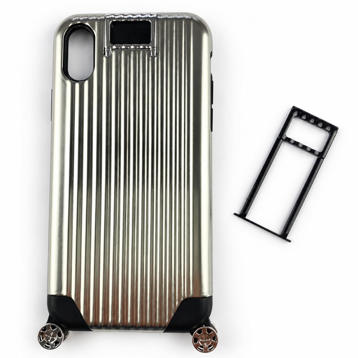iPhone X ケース キャリー風デザイン シルバー ハイブリッド 伸縮スタンド ミニタイヤ ユニーク