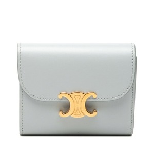 セリーヌ トリオンフ フラップウォレット 三つ折り財布 コンパクトウォレット アイスブルー レザー レディース CELINE 【中古】