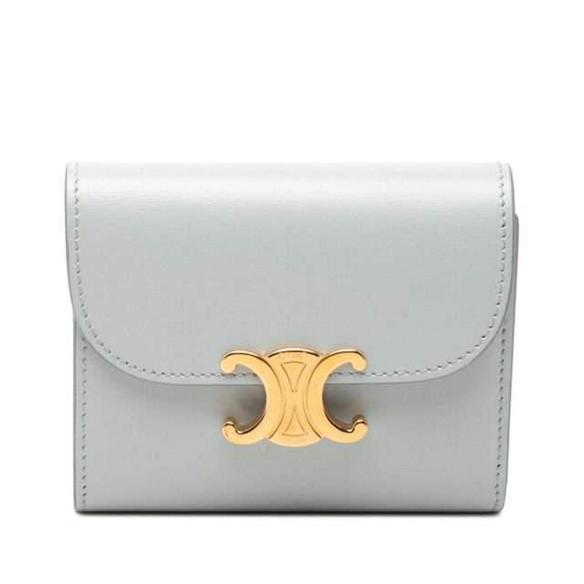 セリーヌ トリオンフ フラップウォレット 三つ折り財布 コンパクトウォレット アイスブルー レザー レディース CELINE 【中古】