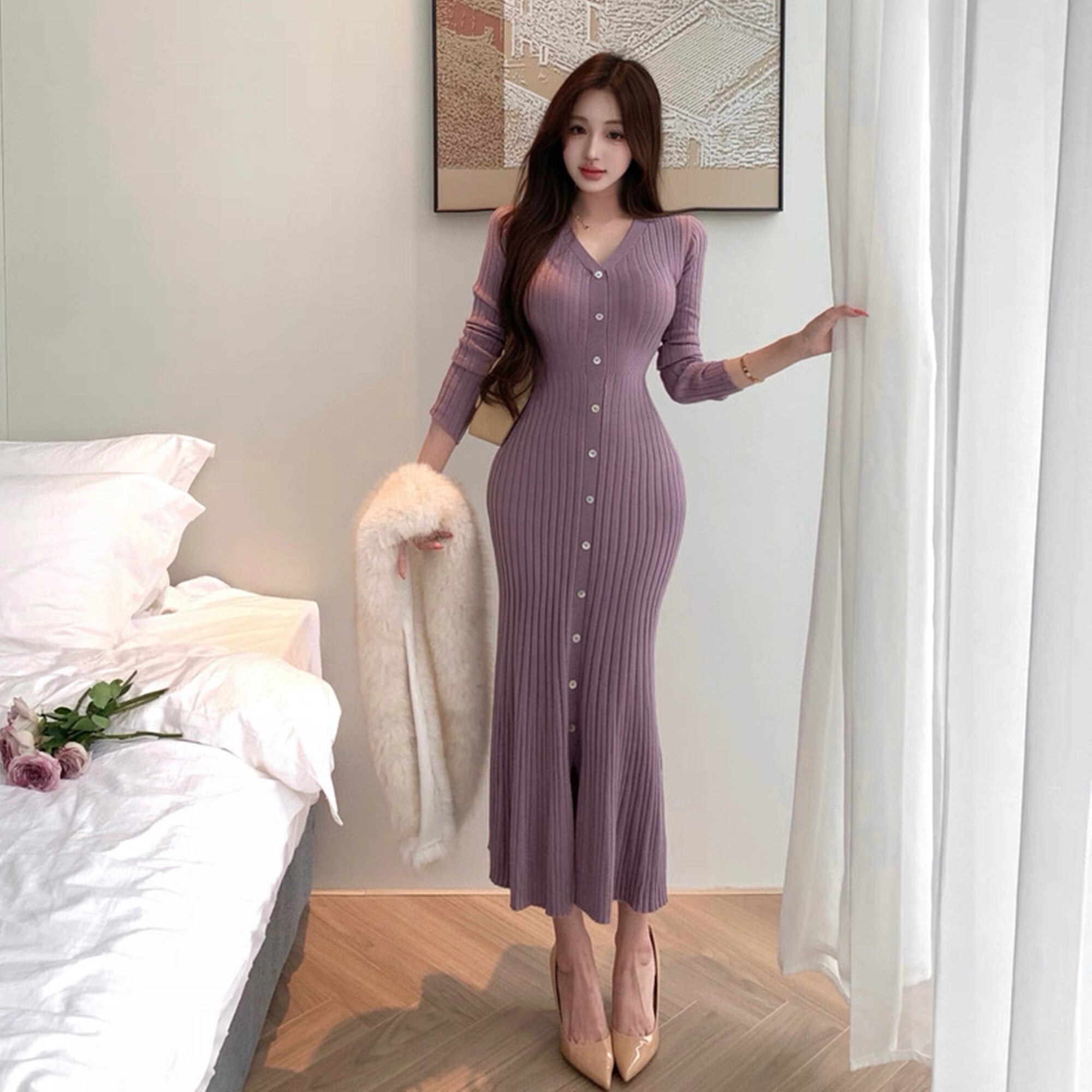 【dress】Vネックニットワンピース Q7651