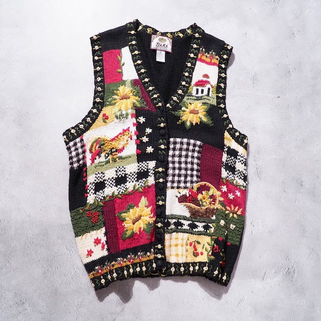 Botanical modern retro art embroidery hand knit vest