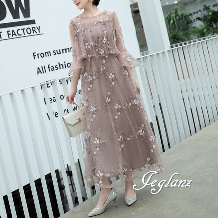 上品 花 モチーフ ワンピース ドレス ロング丈 肌透け 7分袖 6色(M4480)ζ