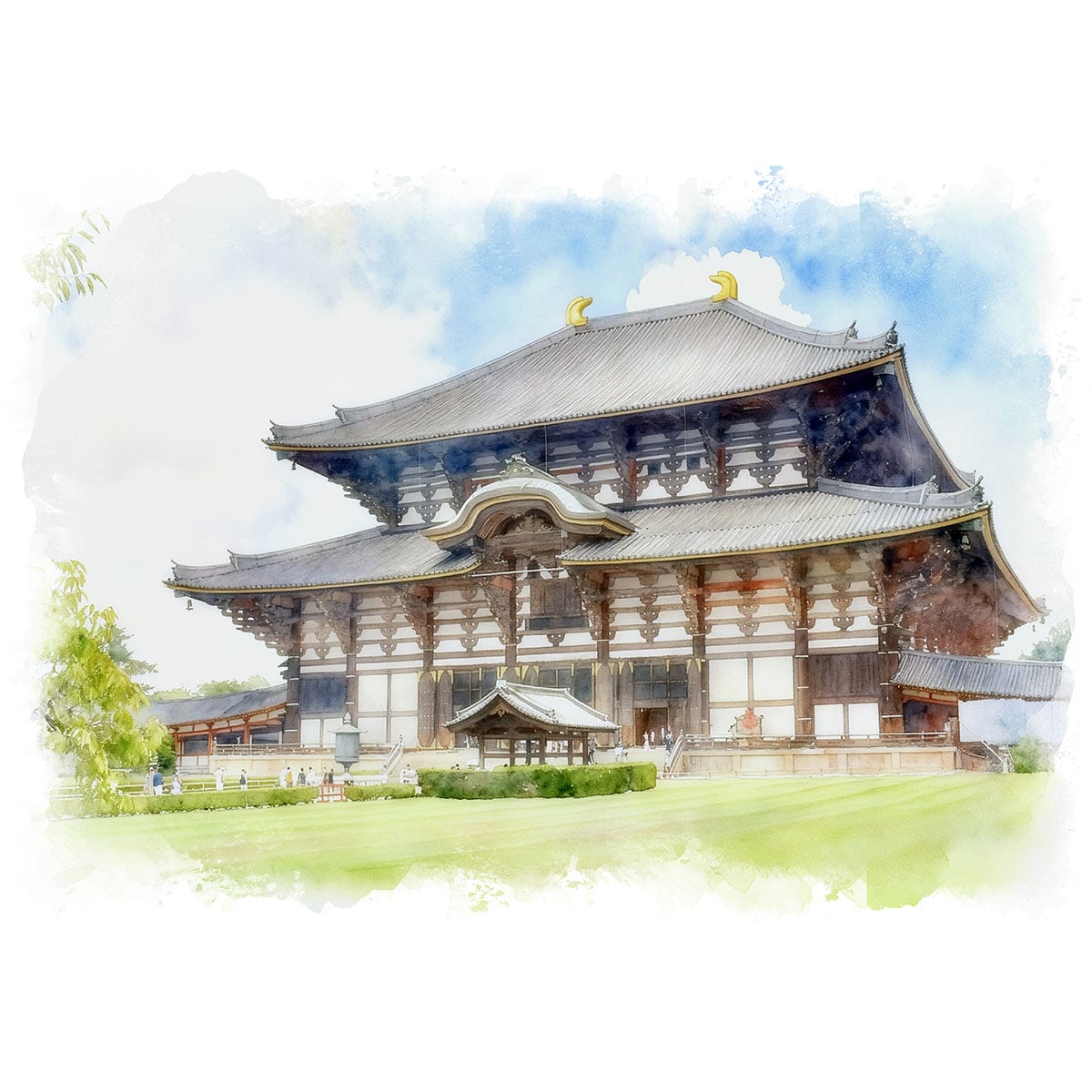 絵画(風景画) 日本 奈良県 東大寺 インテリアアート額付き 水彩画