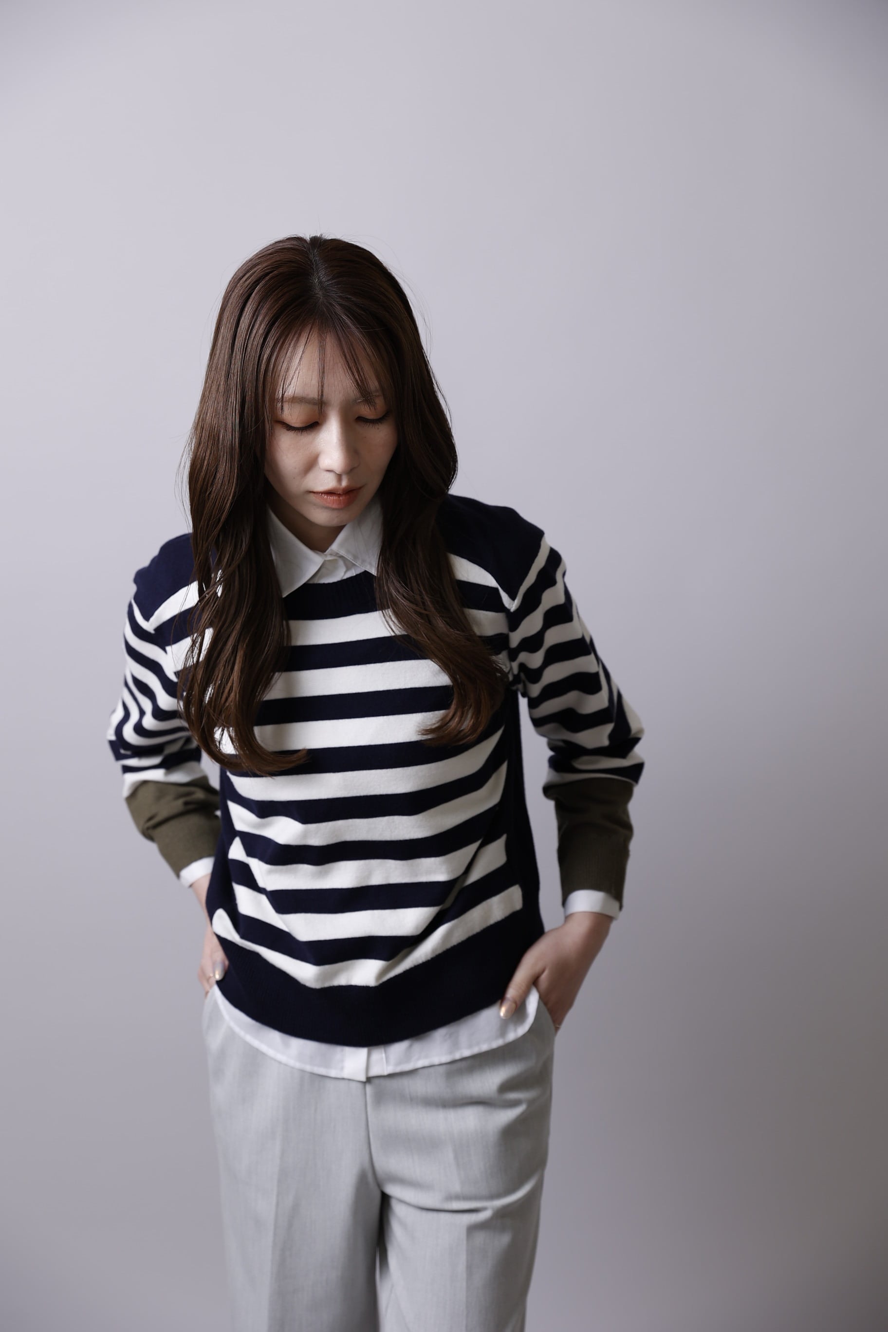 P256-21002 ボーダー丸首プルオーバー