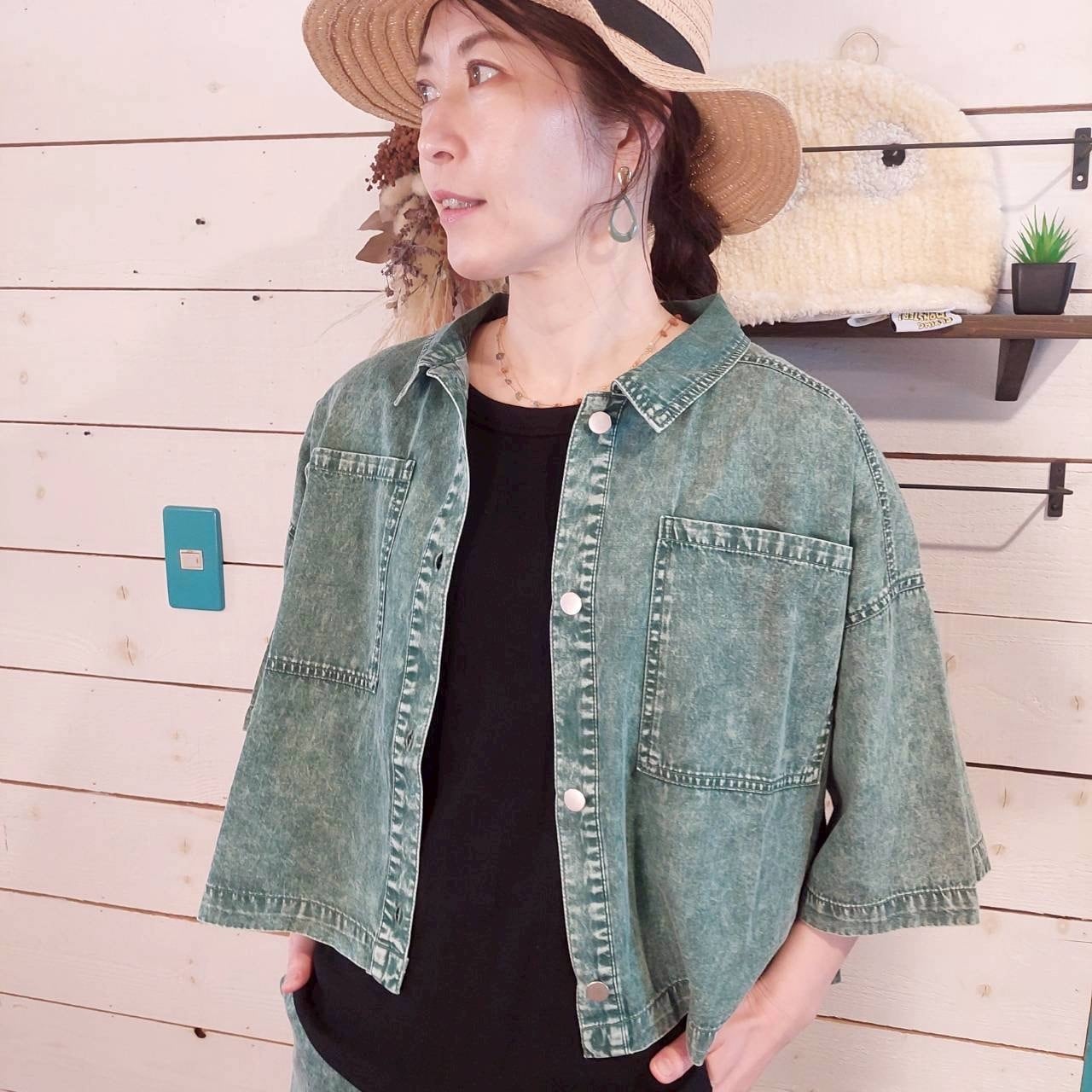 『People's』2901  デニムケミカル加工ショート丈半袖シャツ　