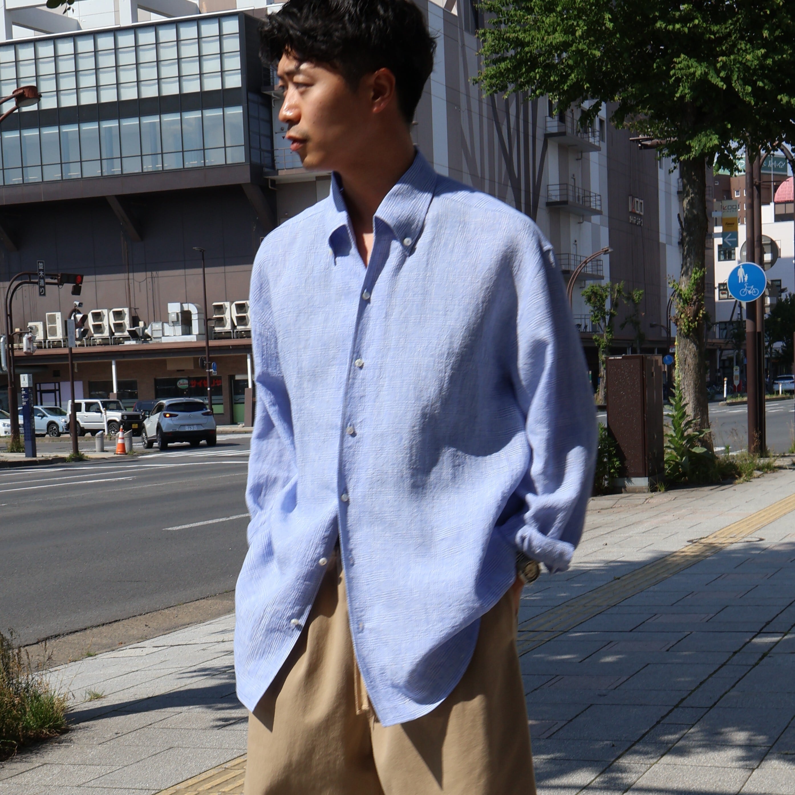 Cale “ Water Twist Linen Glen Check Shirt ( White × Blue )” | H.inch