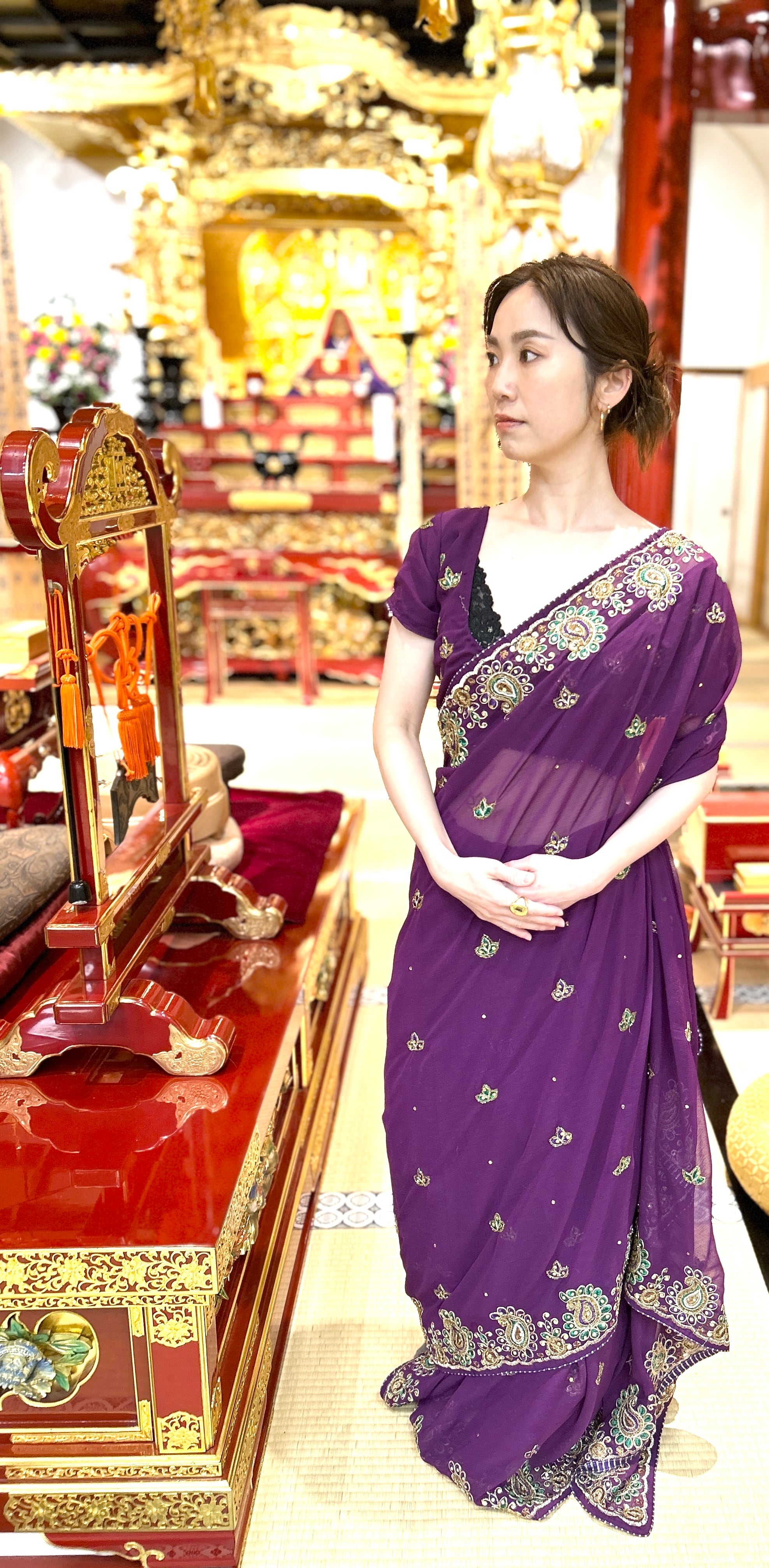 インドサリーペチコートとブラウス3点セット レンタル専用 】 深青が美しいサリー3点セット（サリー・ブラウス