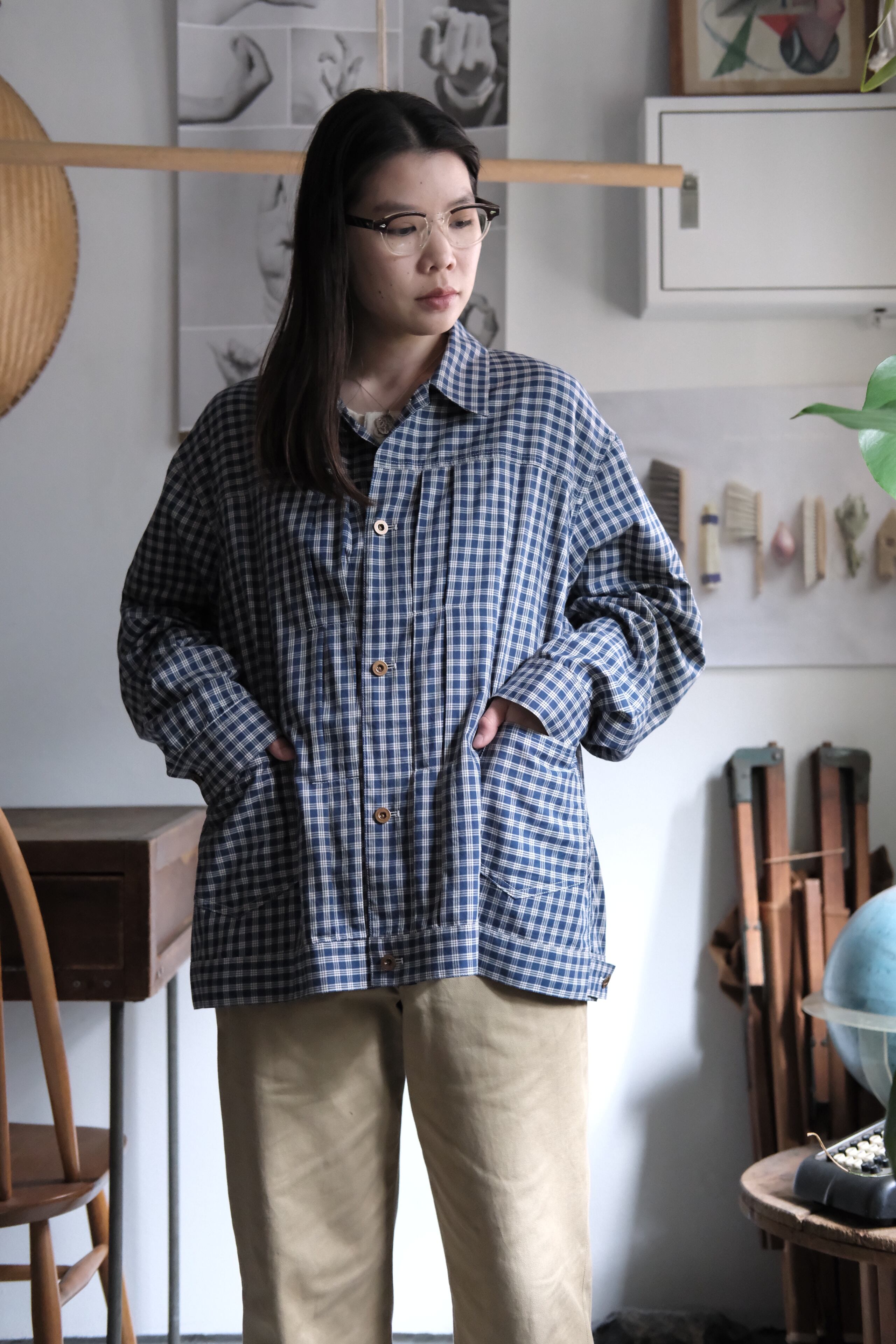 H.UNIT Twill check shirt jacket シャツジャケット H.UNIT】Twill check shirt jacket Blue check | unstable | 公式