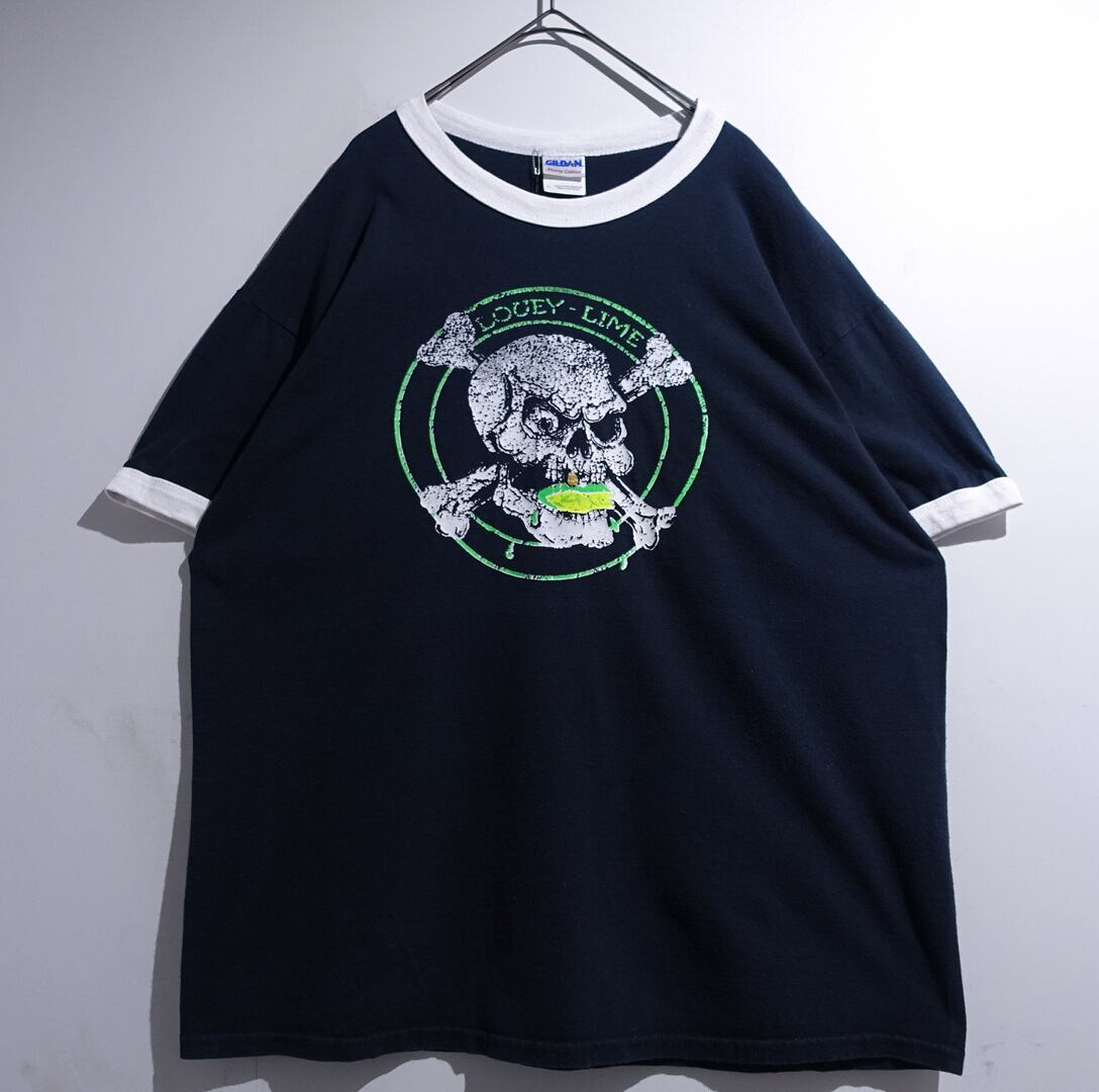 Black x White Skull Lime Print Design Ringer T-Shirt