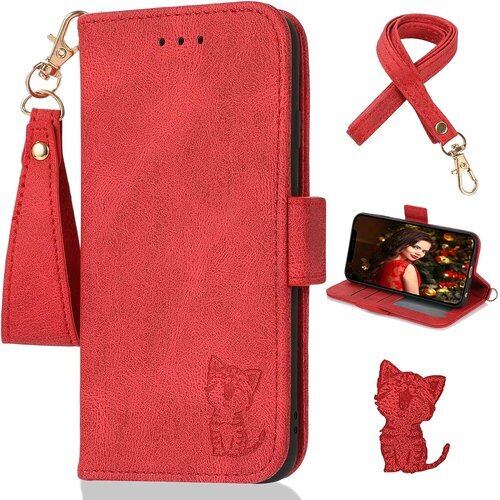 iPhone XR ケース手帳型 iPhonexr 手 型ケース XR 携帯カバー 肌触り良いレザー 柔軟性あるTPUケース ストラップ二つ付き 首掛けストラップ 上下二つ穴付き カード収納 サイドマグネット スタンド機能 かわいい 薄型 防水 ノート型 可愛い キャラクター スマイル 笑顔猫ちゃん 猫柄 動物 アニマル どうぶつ 柄 ネコ 人気 おしゃれ 耐衝撃 高質感 男女兼用 iPhone XR 6.1inch対応 レッド 1069