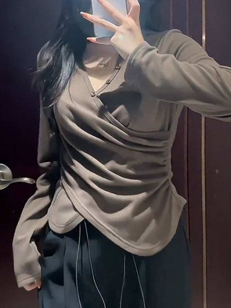 ヘンリーネックカットソー フロントクロス クールコーデ かっこいい 大人きれいめ ギャザー プチプラ 大きいサイズ 韓国 CH8250