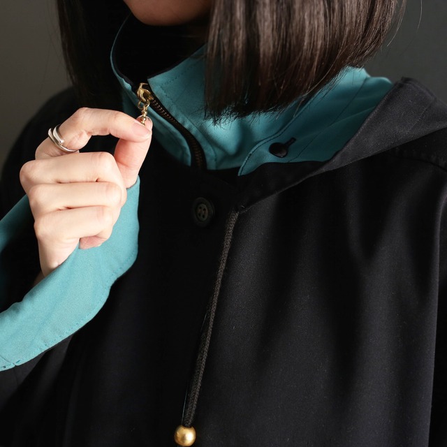 turquoise blue switching design zip-up and button jacket coat  with hooded