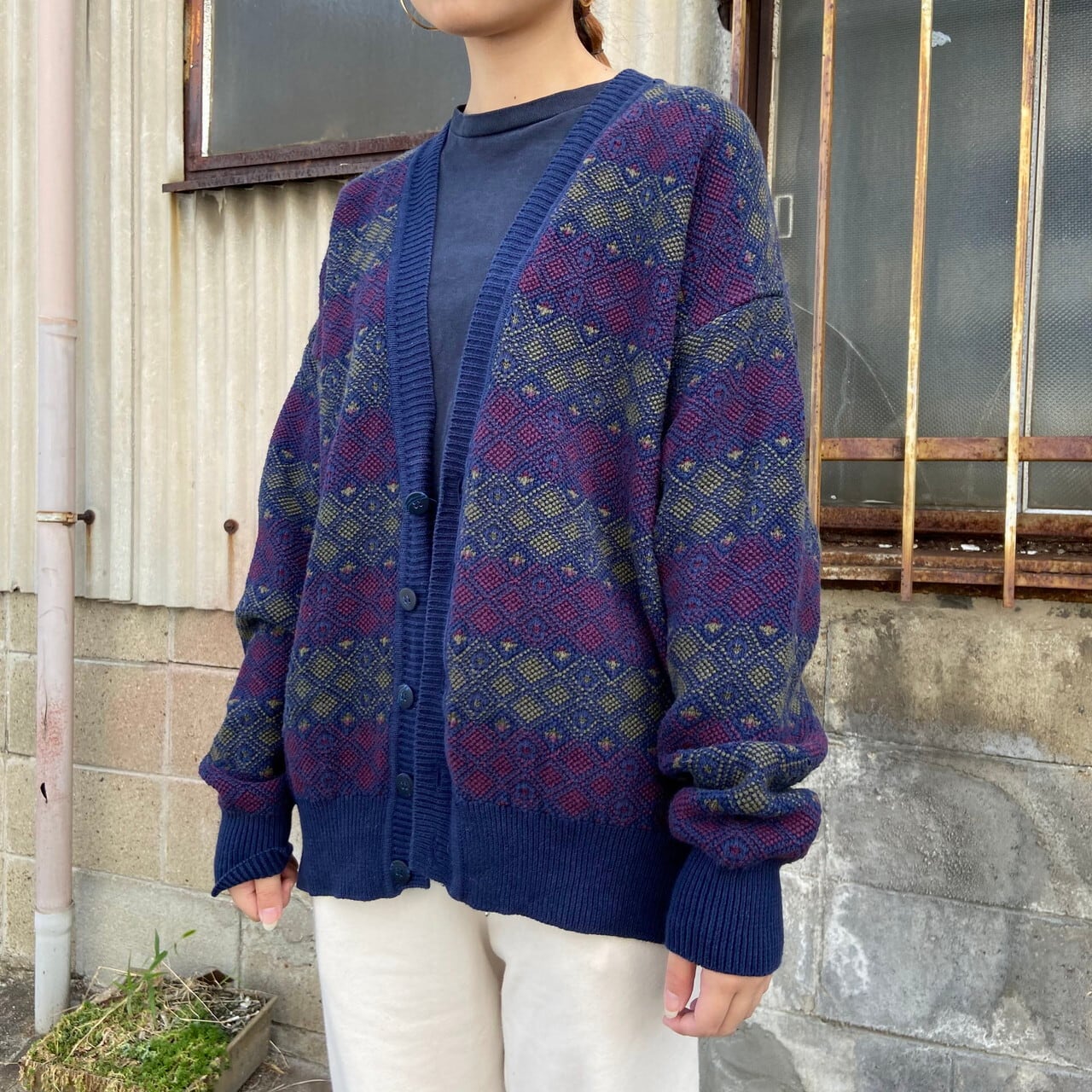 オーストラリア製 Claiborng 総柄 コットン ニットカーディガン メンズm レディースl 古着 ネイビー 紺色 ニットセーター Ws21 2 Cave 古着屋 公式 古着通販サイト
