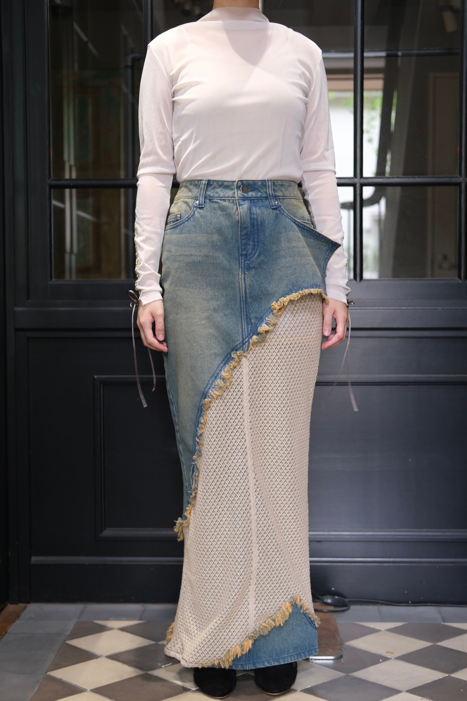 Tanaka Daisuke】lace docking maxi denim skirt | loop