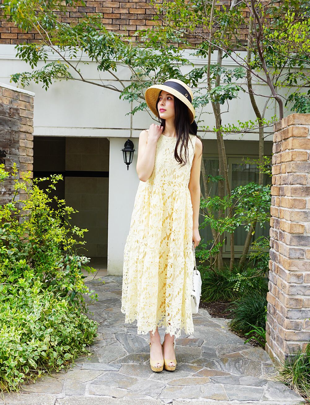 Revival】フラワーレースティアードワンピース yellow | amin pur