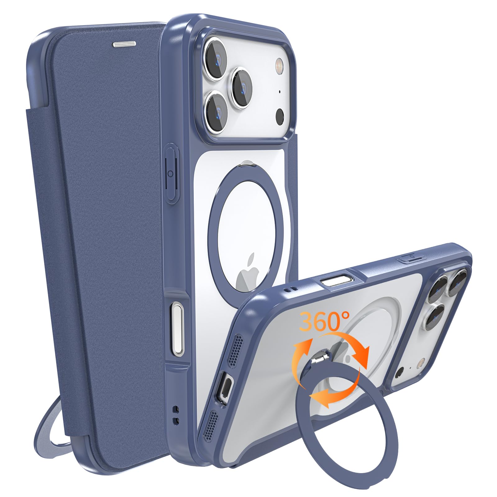 IIKAYO iPhone 18 Pro/17 Pro 用 ケース 手帳型 カード収納 背面クリア MagSafe対応 リング付き 360°回転スタンド 軽い 薄型 耐衝撃 全面保護 縦横両対応 レザー素材 おしゃれ 青