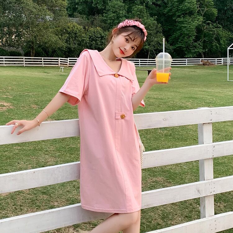 【新作】【送料無料】 マタニティウェア2020夏の新しいニットネイビーカラールーズドレスミドル丈ファッションマタニティドレス-アリババ サマー 夏物 expec285867976921