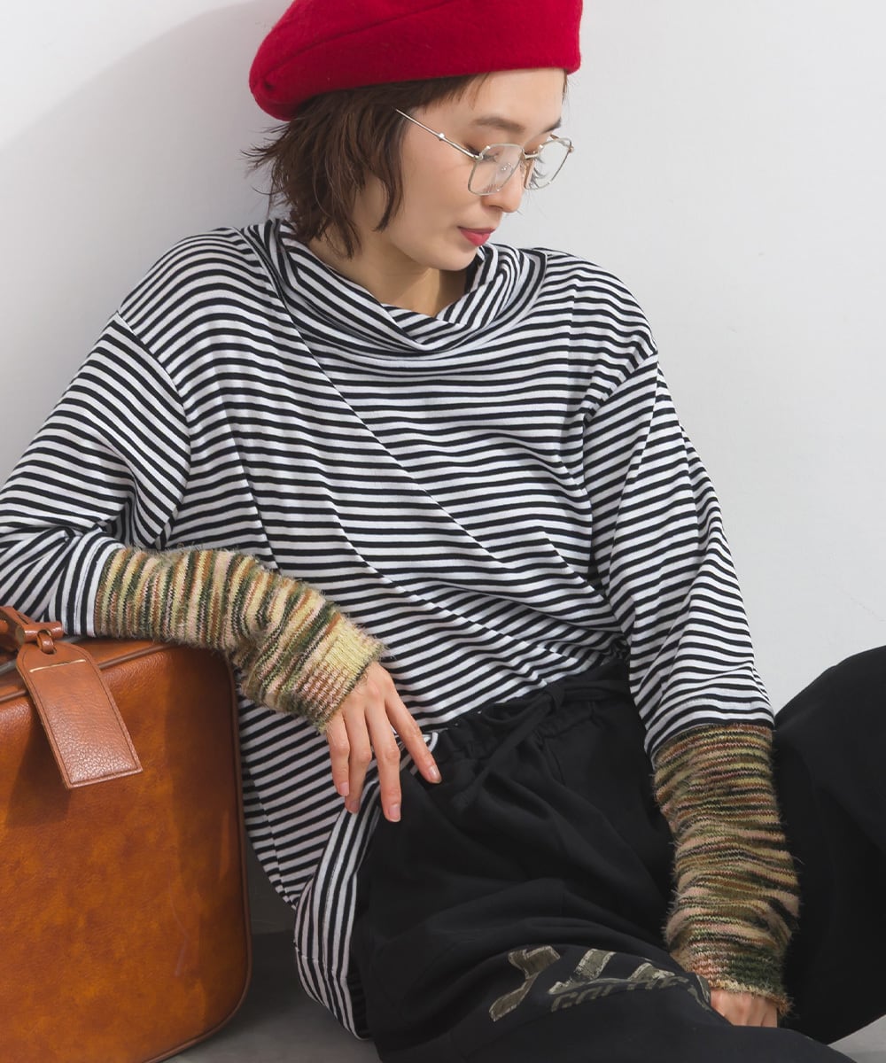 K261003 袖ニット切替タートル長袖Tシャツ / Knit Cuff Panel