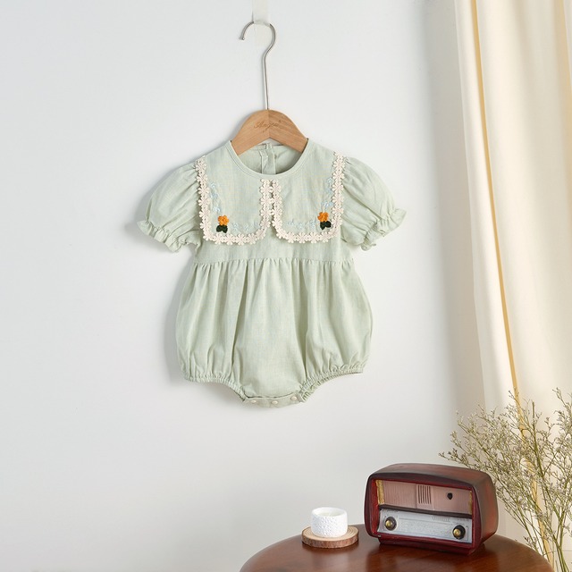 【姉妹服】グリーン小花柄刺繍襟ワンピース／ロンパース - 7