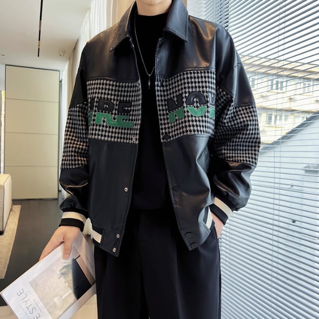 【予約販売】ブルゾン アウター チェック柄 冬 防寒 レザー ブラック ジャケット ショート丈 メンズ カジュアル 男前 こなれ感 お洒落 韓国 トレンド 秋 冬 M/L/XL
