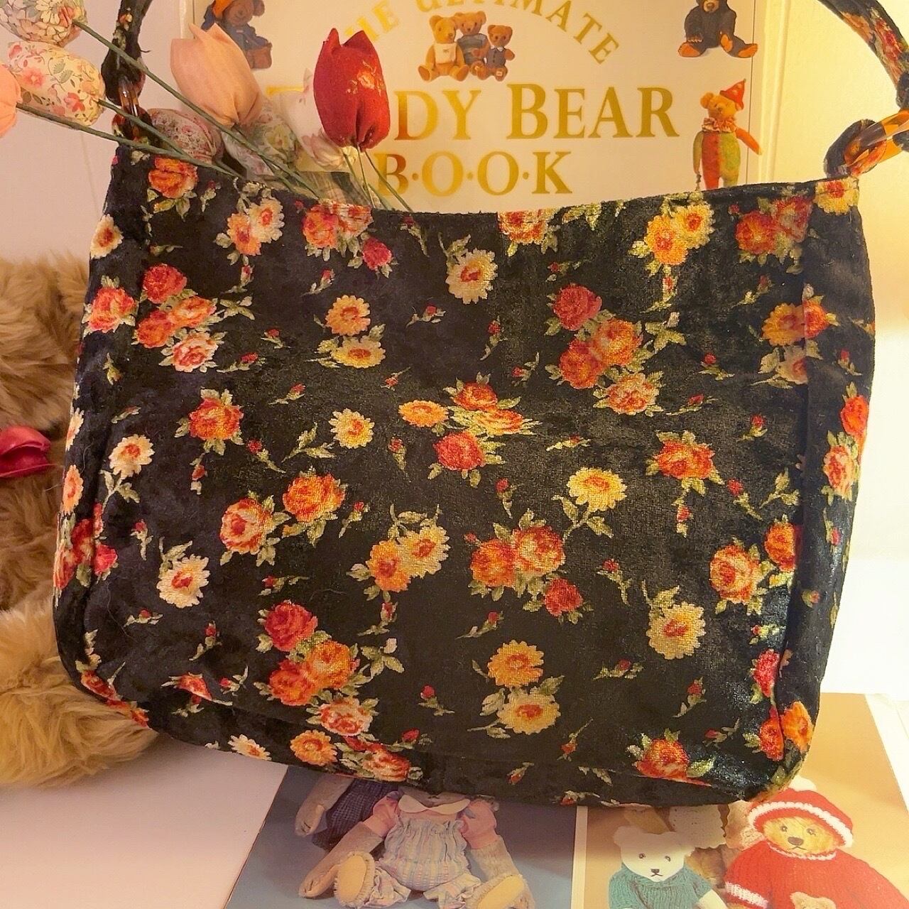 flower velours hand bag