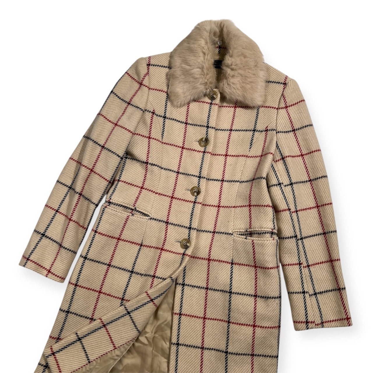 TOMORROWLAND COLLECTION トゥモローランド チェック柄 ウール コート 毛皮 ファー襟付 /アイボリー系 英国調