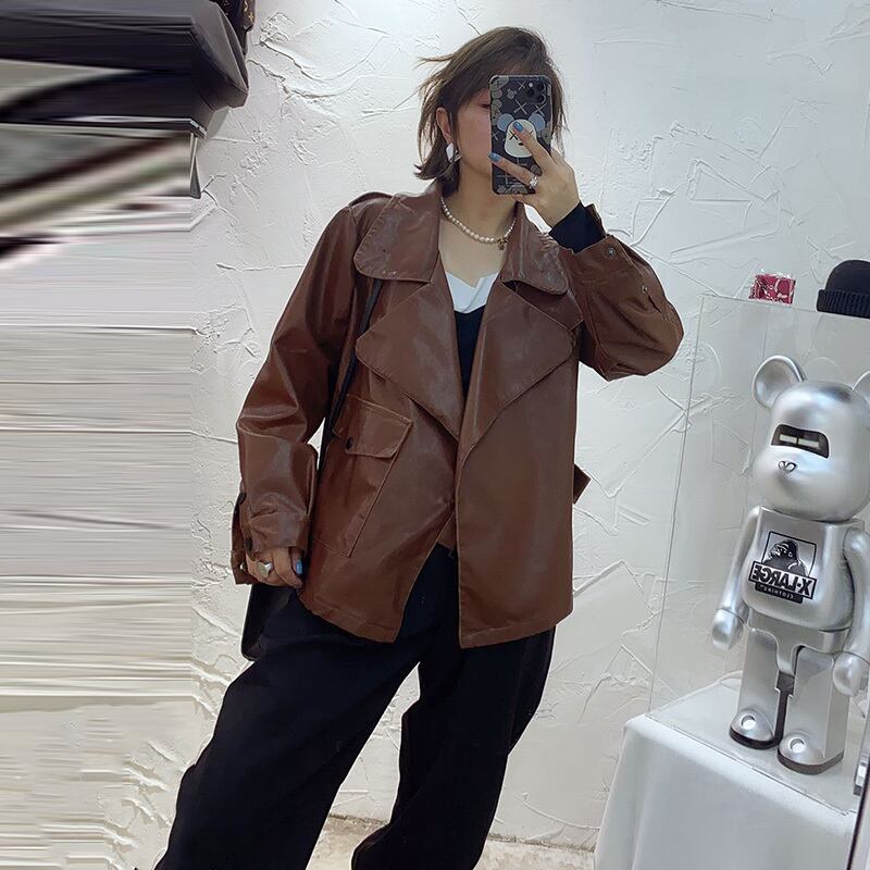 ウエスタンスタイルプラスサイズの女性の服2020新しい秋の脂肪mmレザージャケット200 kg緩い、薄いラペルトップファッション ミックスインファッション1802108521