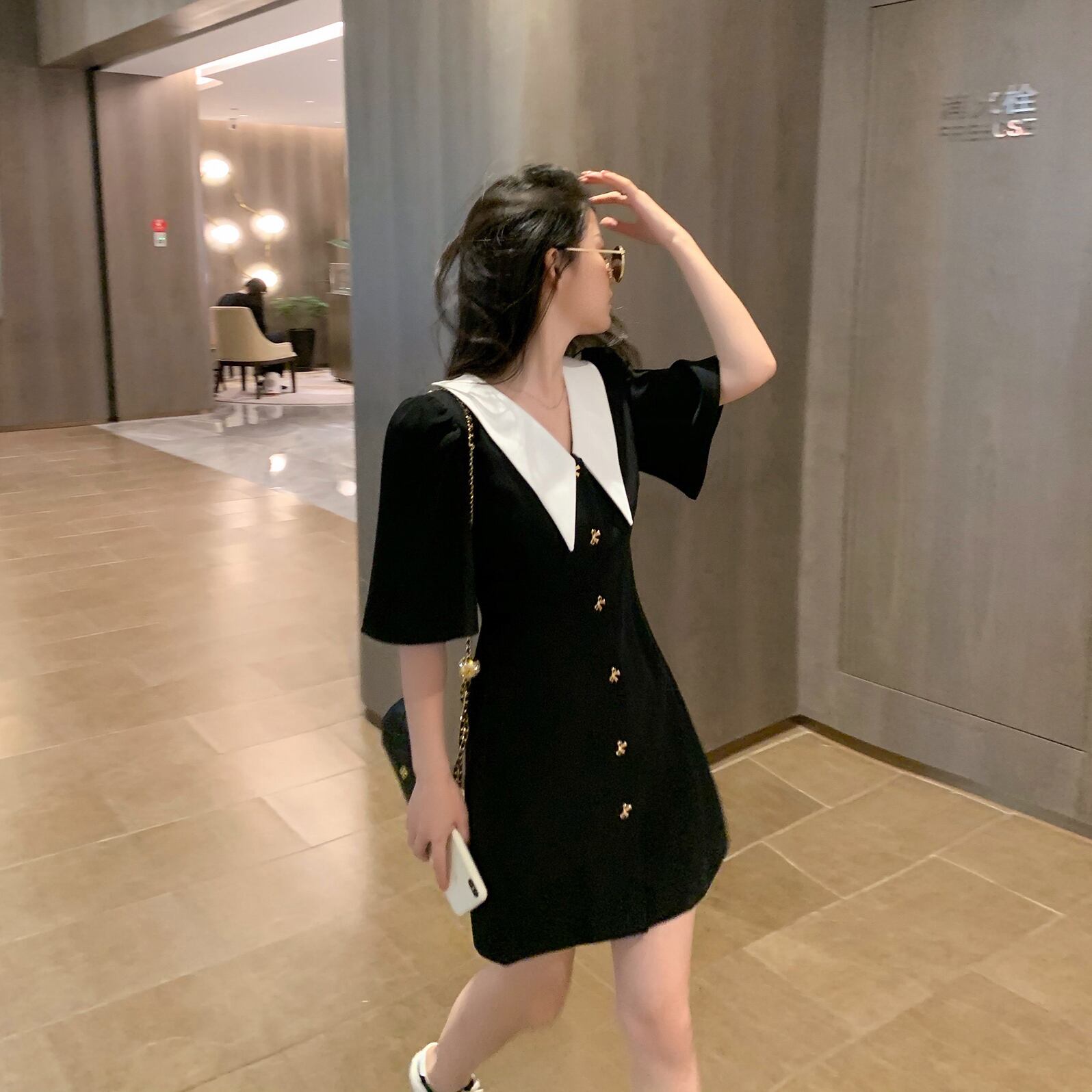 スタンダードカラースタイルドレス サマーウェスト薄手ブラックスカート レトロ 夏物 6Du_Shop_Women53331045571