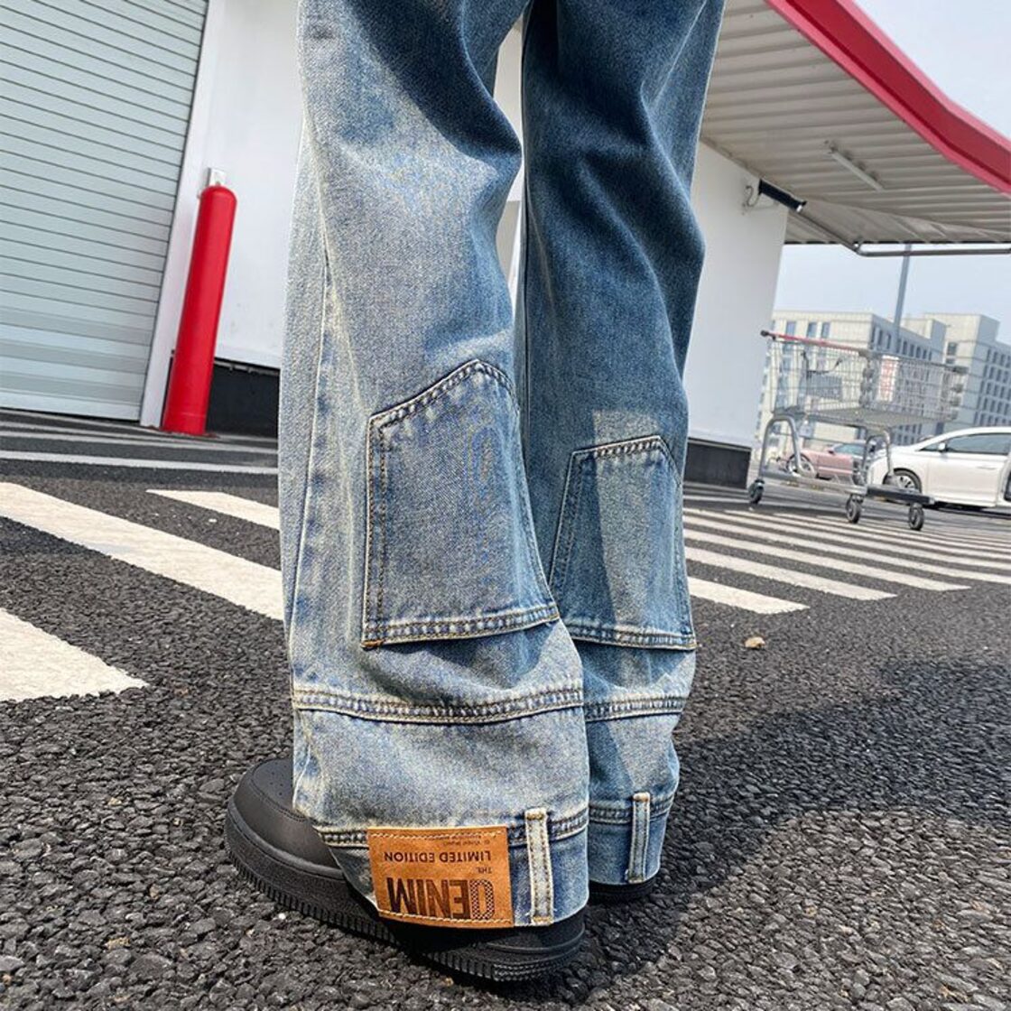 リバース デニムパンツ ブルー ジーンズ ウォッシュ加工 ストレート 